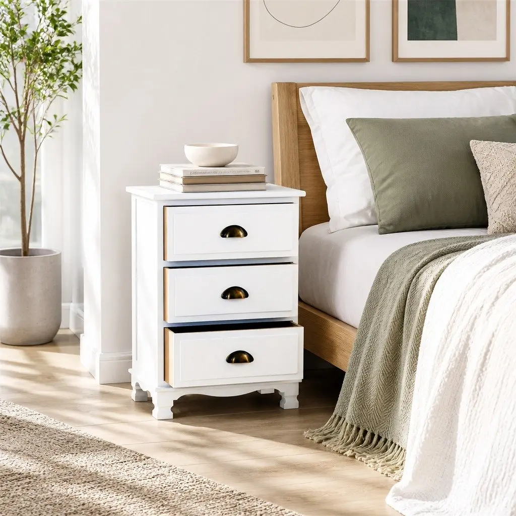 Bedside Table Vintage White 3 Drawers Storage Cabinet Nightstand