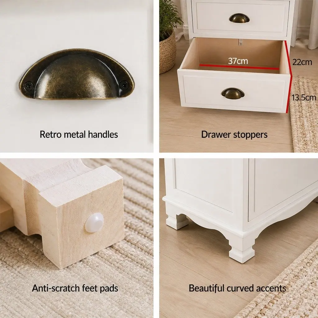 Bedside Table Vintage White 3 Drawers Storage Cabinet Nightstand