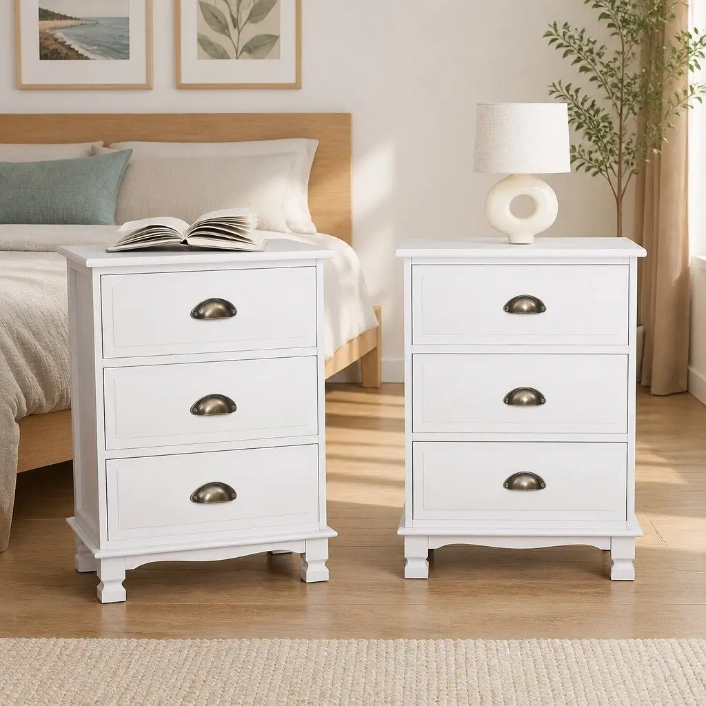 Bedside Table Vintage White 3 Drawers Storage Cabinet Nightstand