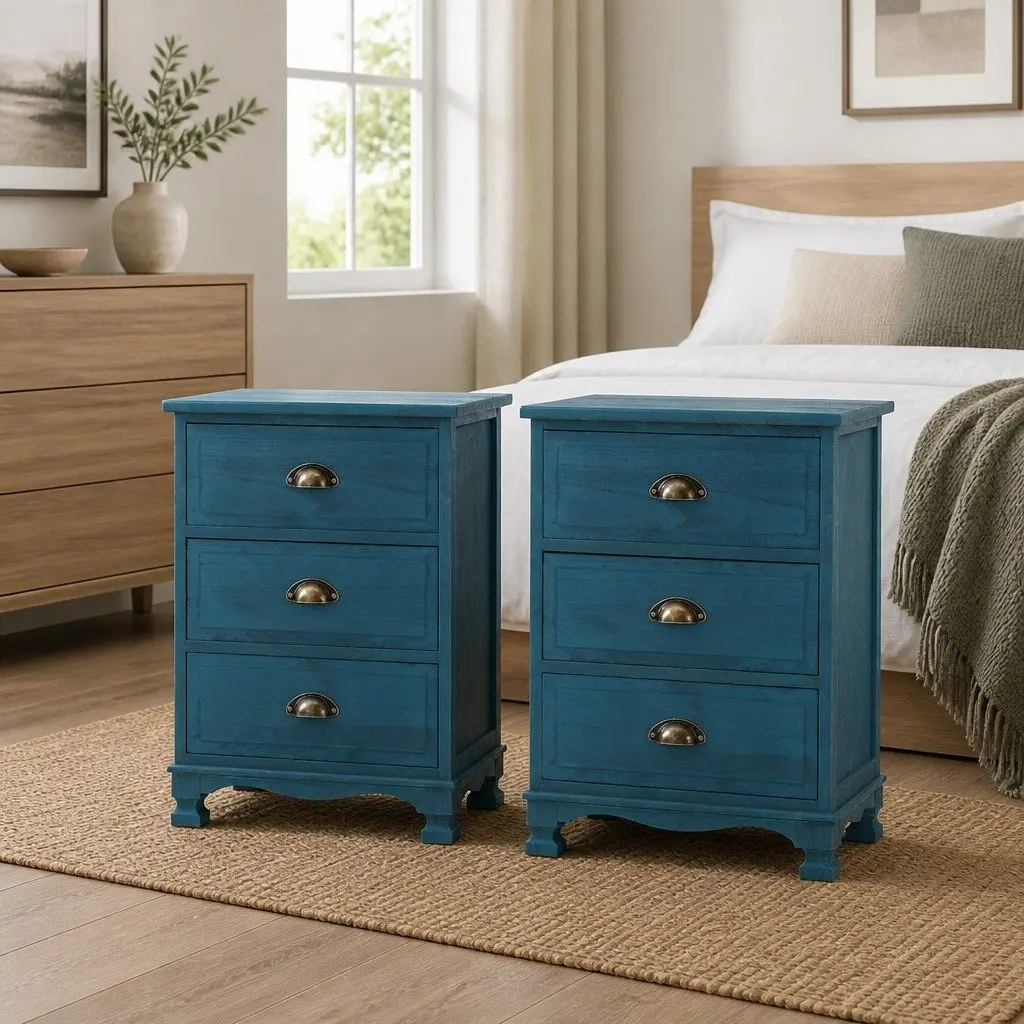 Bedside Table Vintage Blue 3 Drawers Storage Cabinet Nightstand
