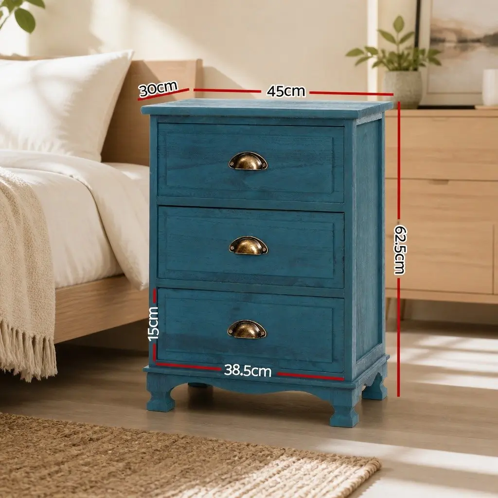 Bedside Table Vintage Blue 3 Drawers Storage Cabinet Nightstand