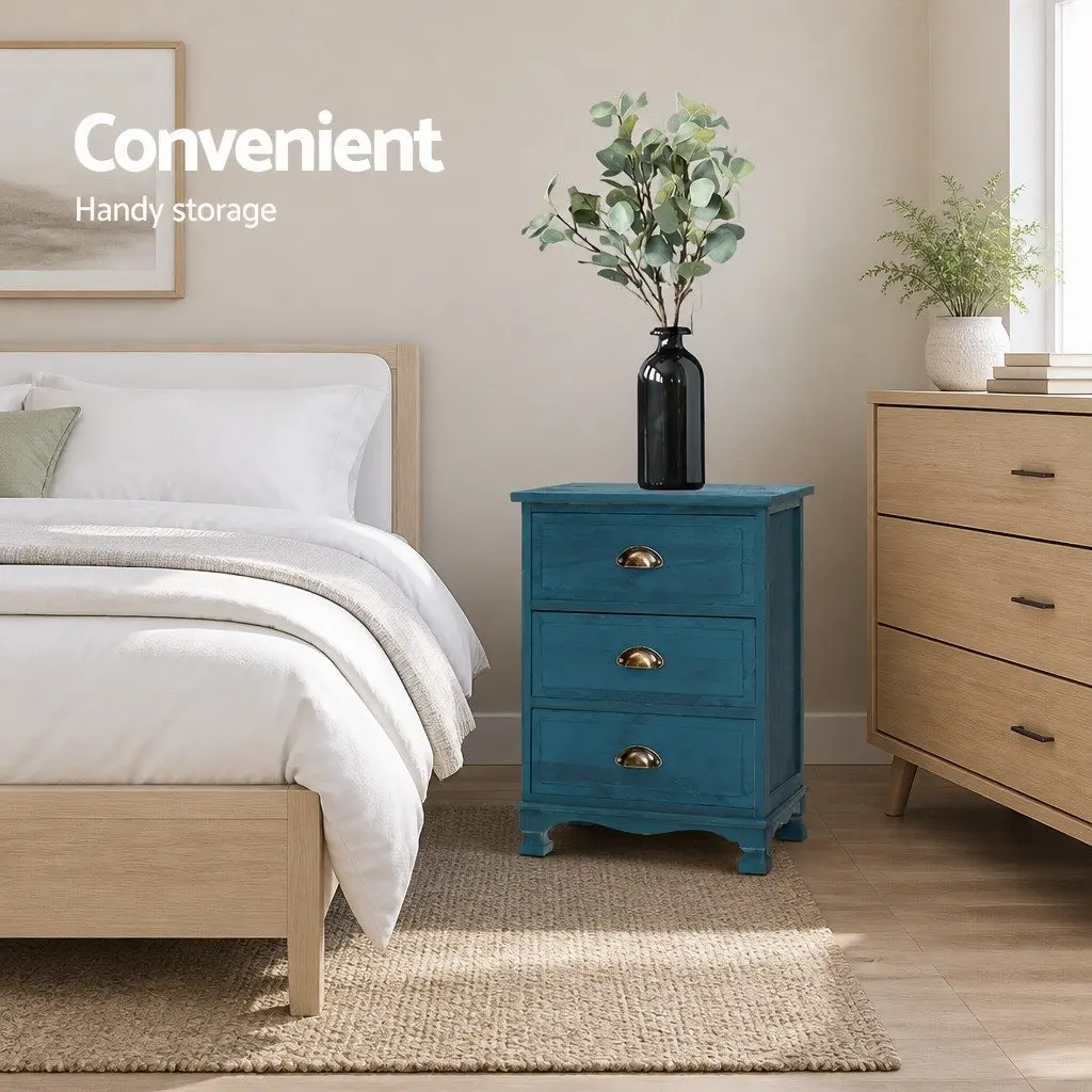 Bedside Table Vintage Blue 3 Drawers Storage Cabinet Nightstand