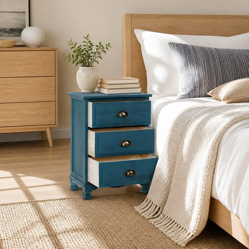Bedside Table Vintage Blue 3 Drawers Storage Cabinet Nightstand