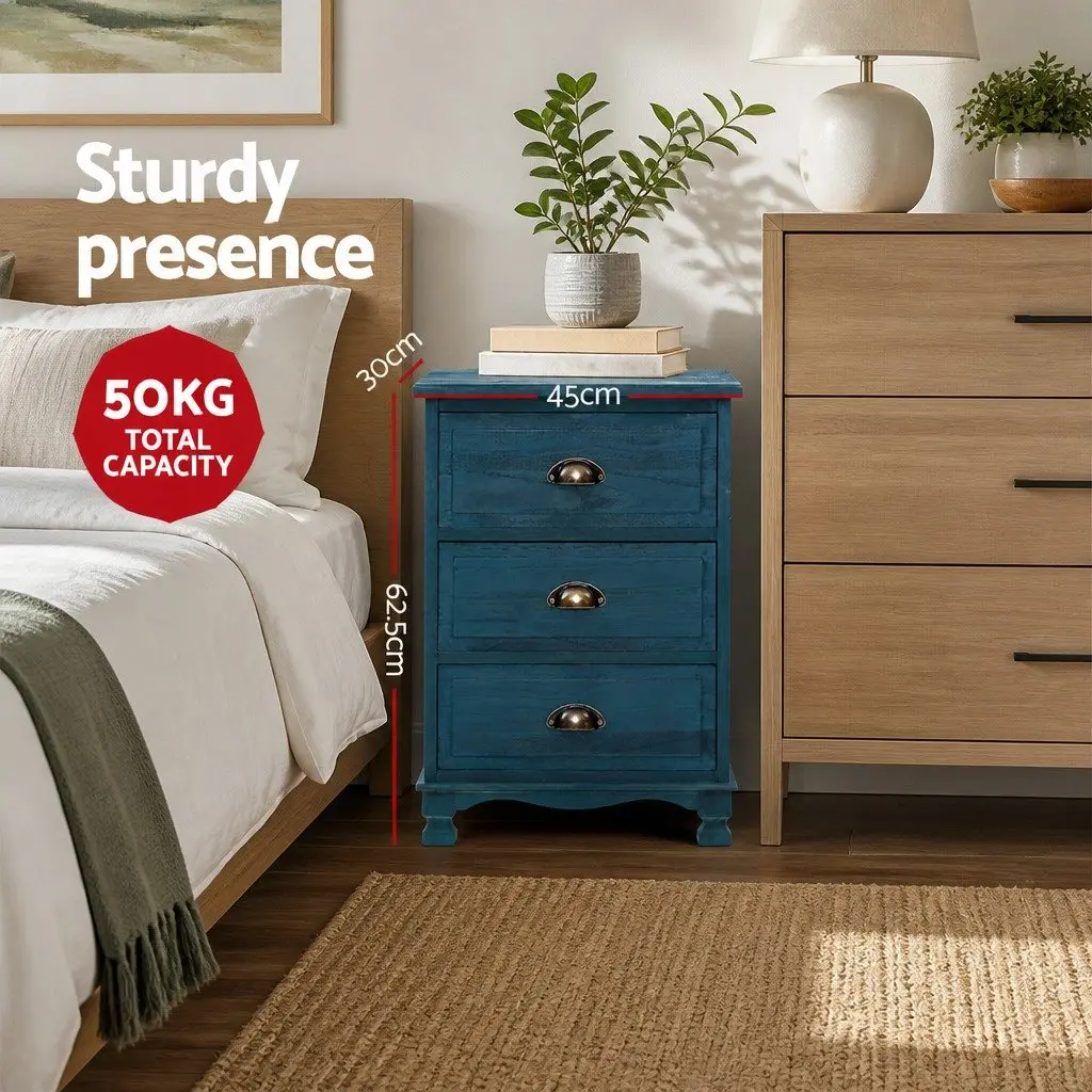 Bedside Table Vintage Blue 3 Drawers Storage Cabinet Nightstand