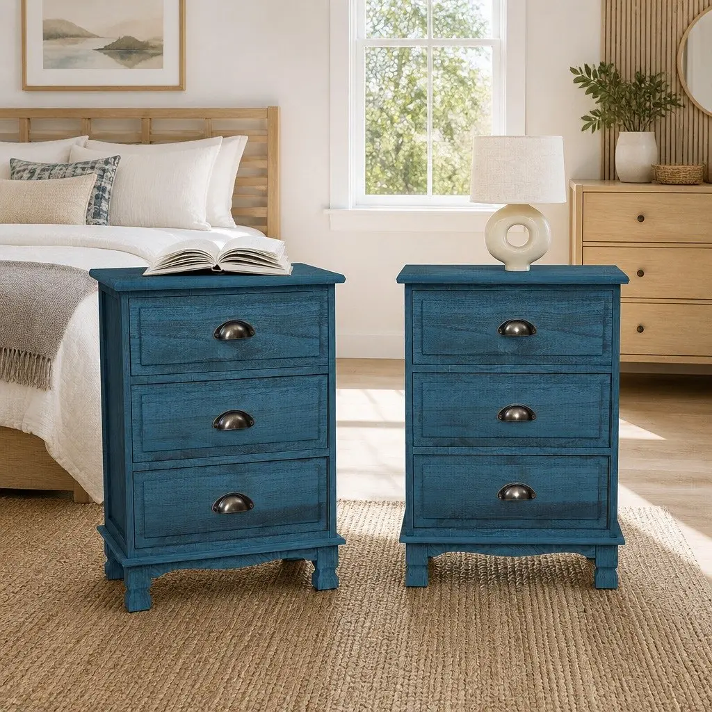 Bedside Table Vintage Blue 3 Drawers Storage Cabinet Nightstand