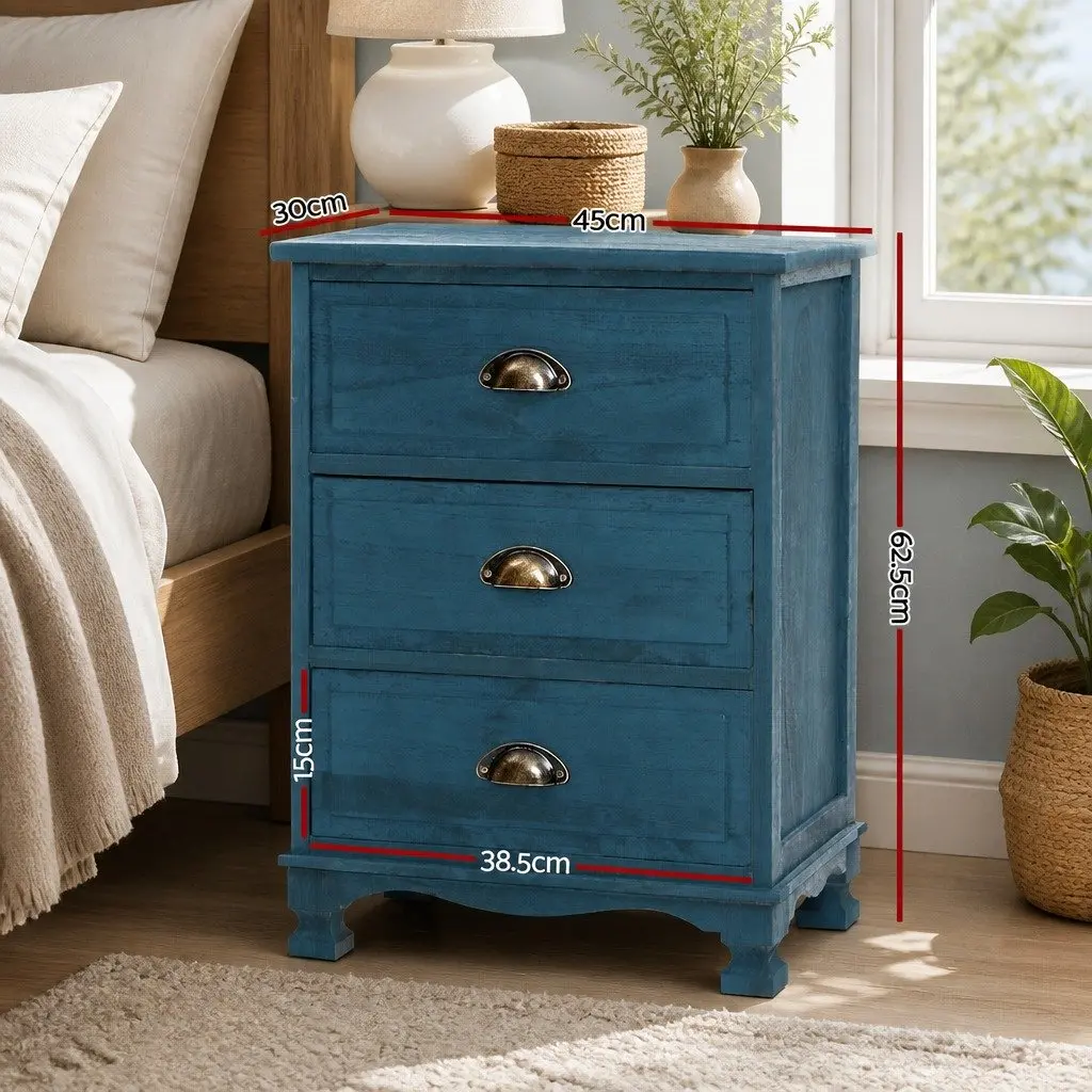 3 Drawer Bedside Table Blue Vintage Storage Cabinet Wooden Nightstand