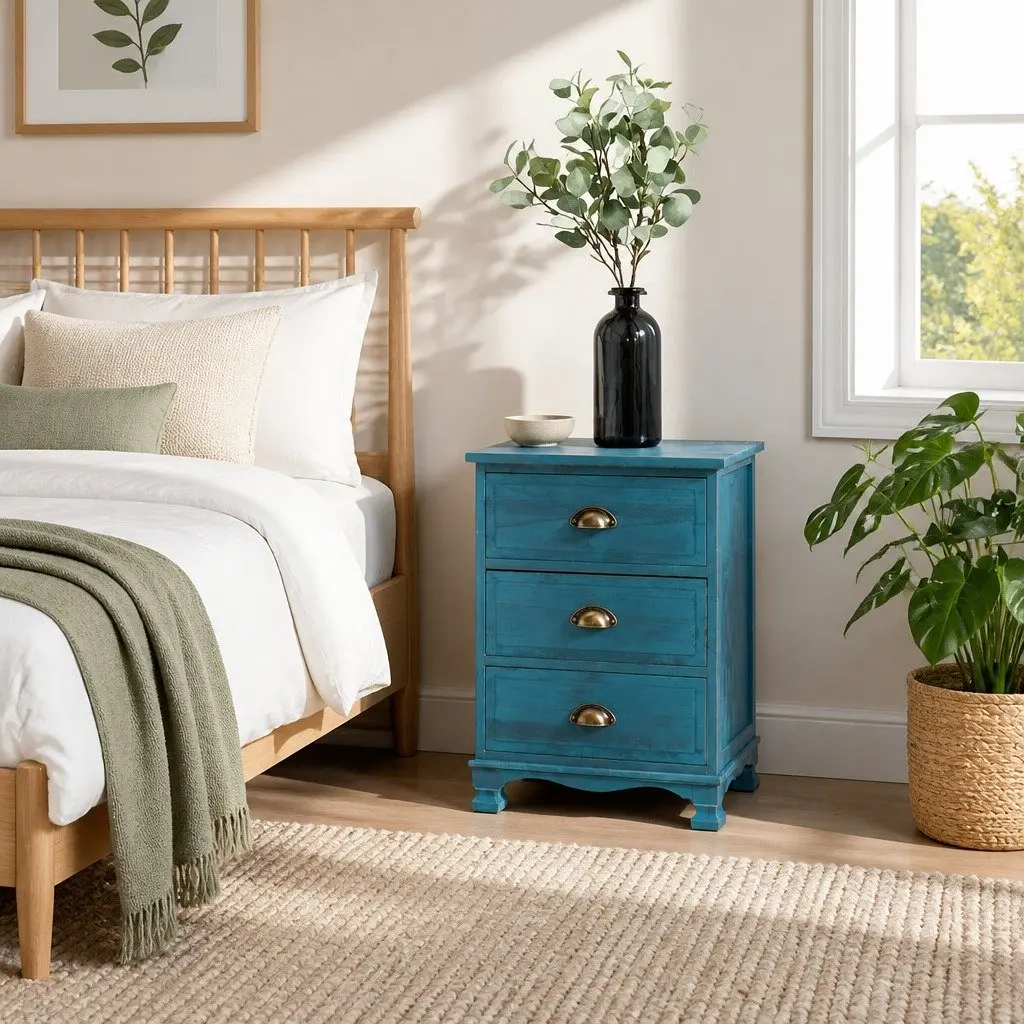3 Drawer Bedside Table Blue Vintage Storage Cabinet Wooden Nightstand