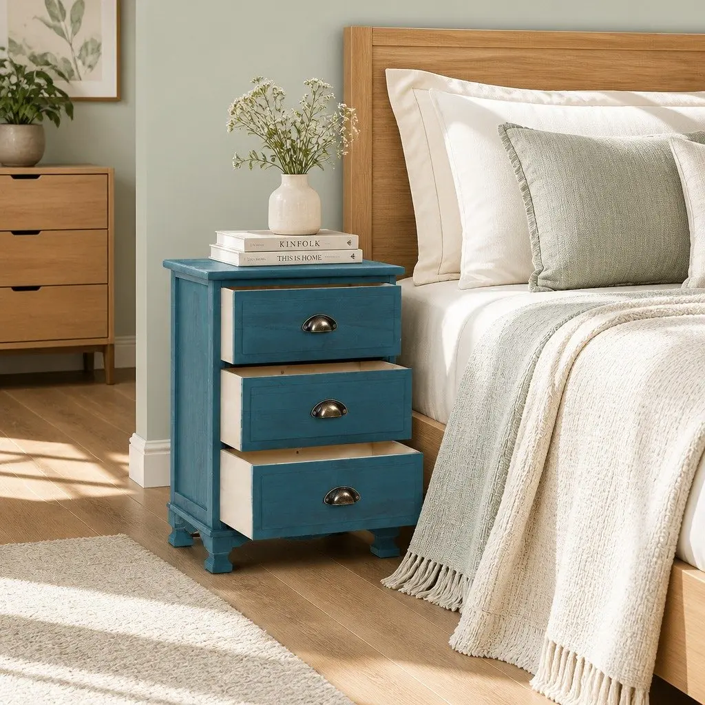 3 Drawer Bedside Table Blue Vintage Storage Cabinet Wooden Nightstand