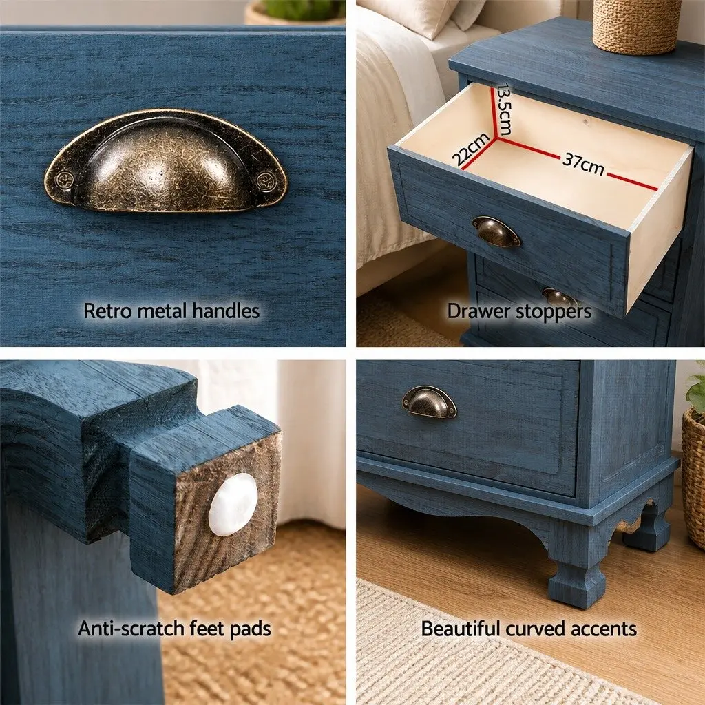 3 Drawer Bedside Table Blue Vintage Storage Cabinet Wooden Nightstand
