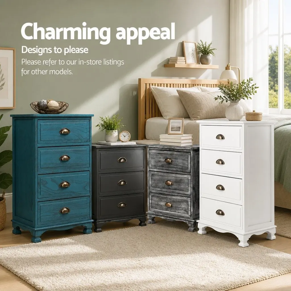 3 Drawer Bedside Table Blue Vintage Storage Cabinet Wooden Nightstand