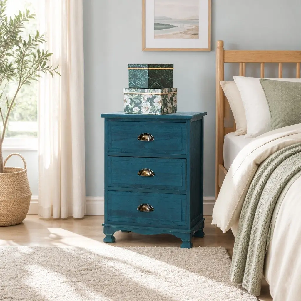 3 Drawer Bedside Table Blue Vintage Storage Cabinet Wooden Nightstand