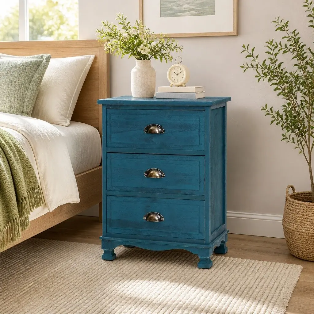 3 Drawer Bedside Table Blue Vintage Storage Cabinet Wooden Nightstand