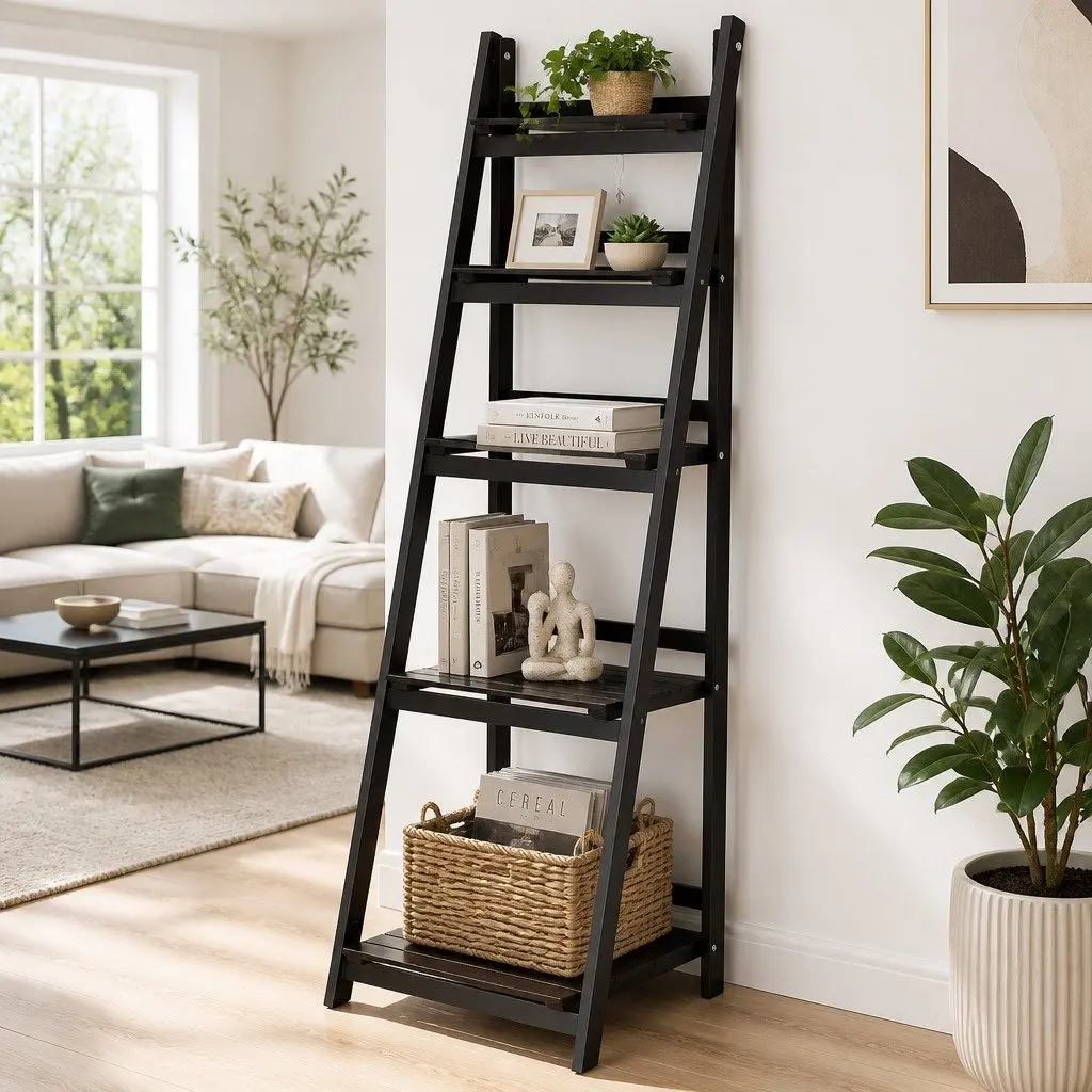 Freestanding Bookcase Ladder Shelf 5-Tier Large Size Coffee Display Stand
