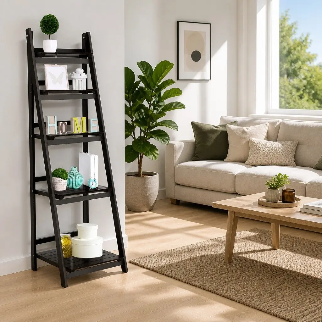 Freestanding Bookcase Ladder Shelf 5-Tier Large Size Coffee Display Stand