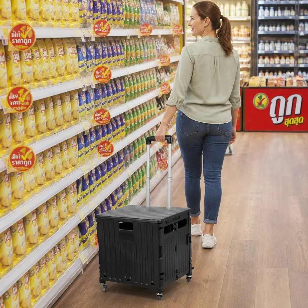 Folding Shopping Trolley Cart Portable Lightweight 65L Black