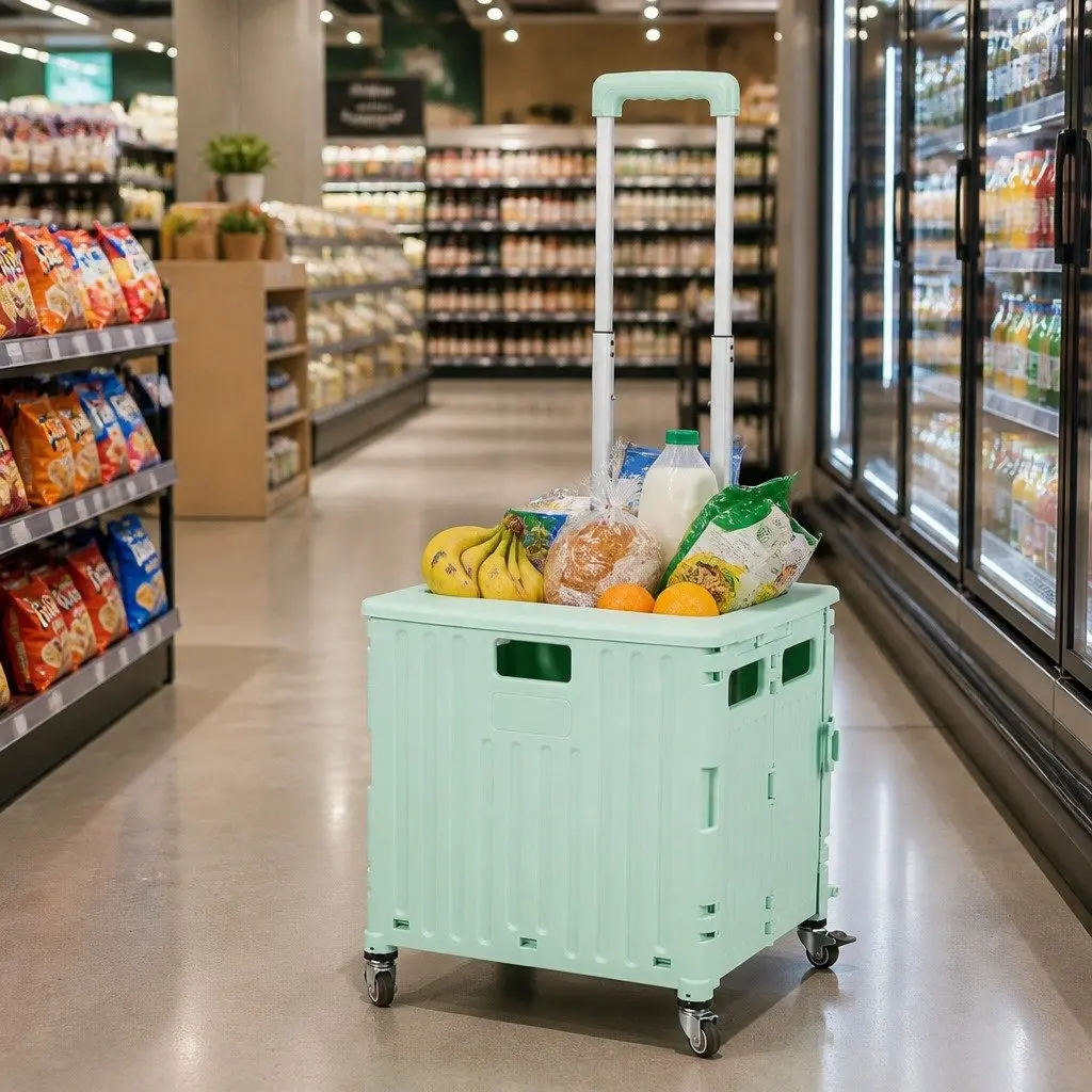 Folding Shopping Trolley Cart Portable Grocery Storage Wheels Collapsible Green