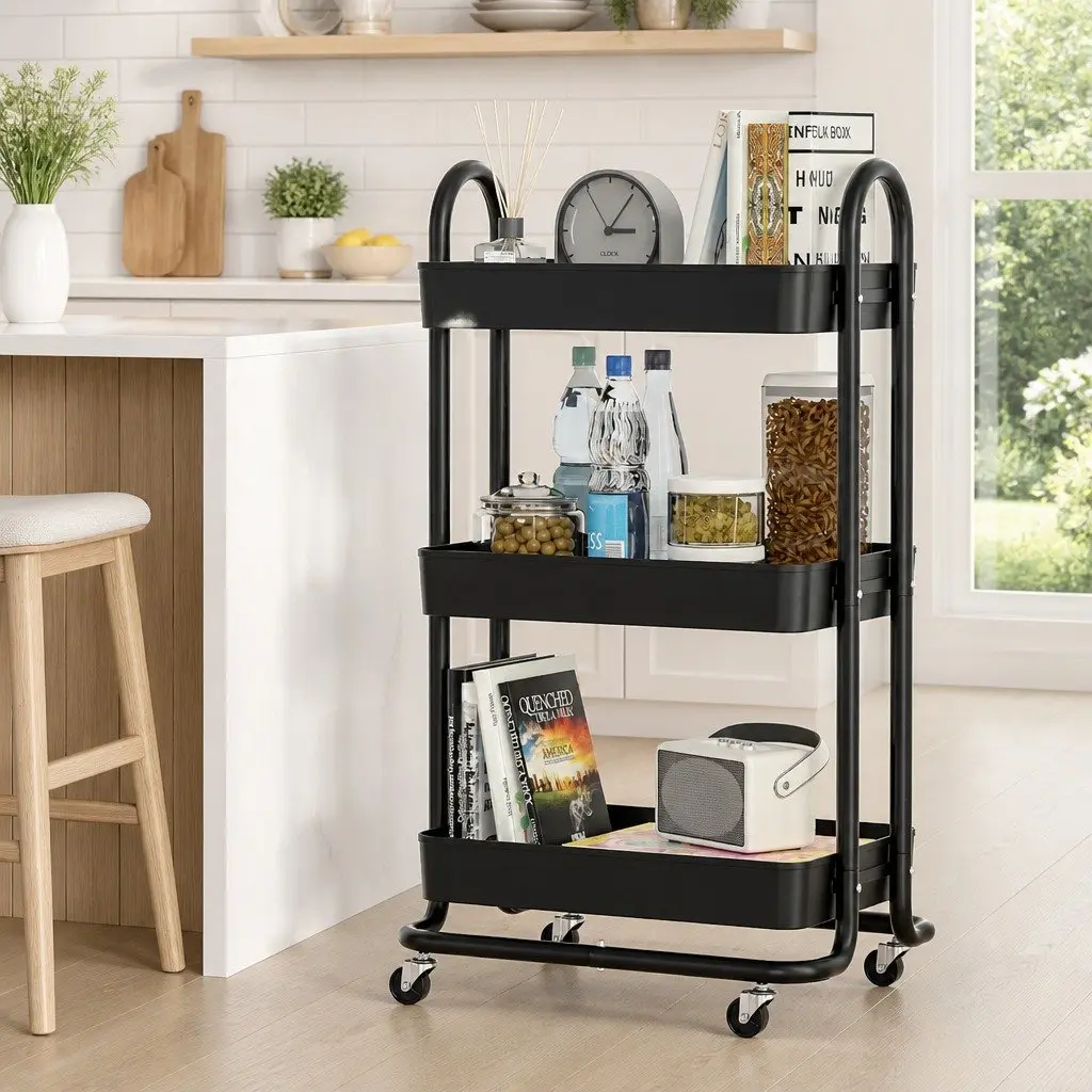 Storage Trolley 3 Tier Kitchen Cart Rack Shelf Organiser with Wheels Black