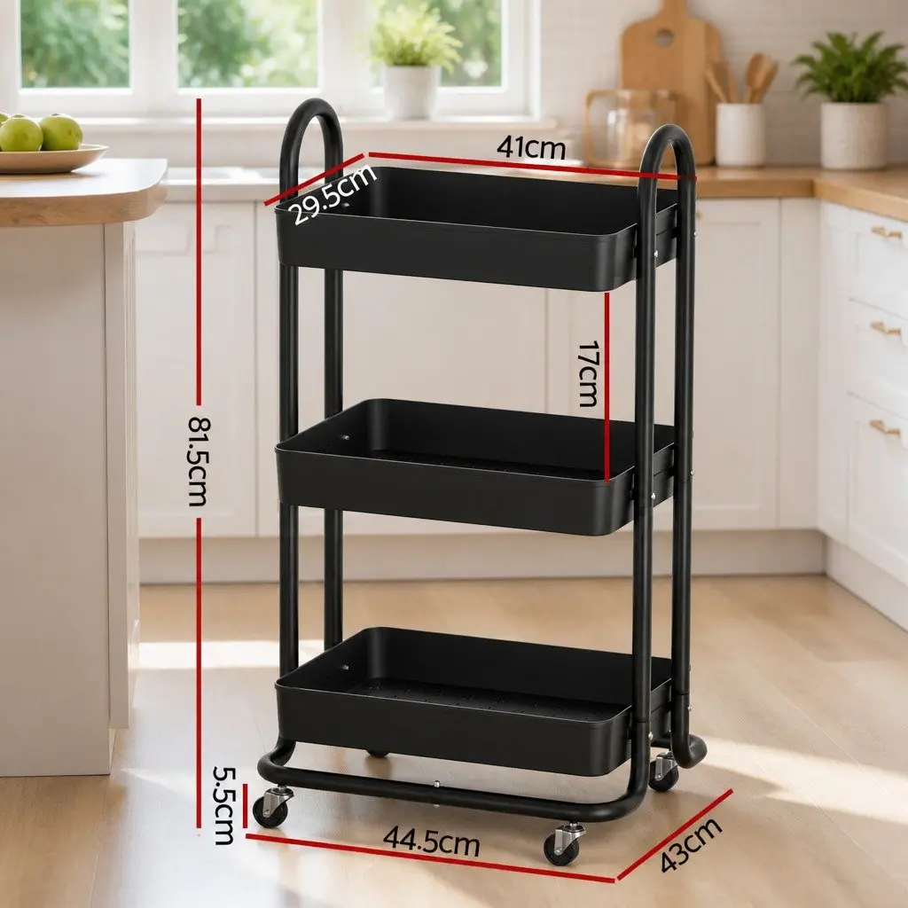 Storage Trolley 3 Tier Kitchen Cart Rack Shelf Organiser with Wheels Black