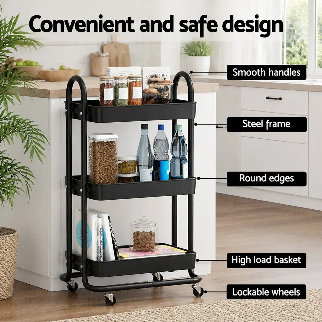Storage Trolley 3 Tier Kitchen Cart Rack Shelf Organiser with Wheels Black