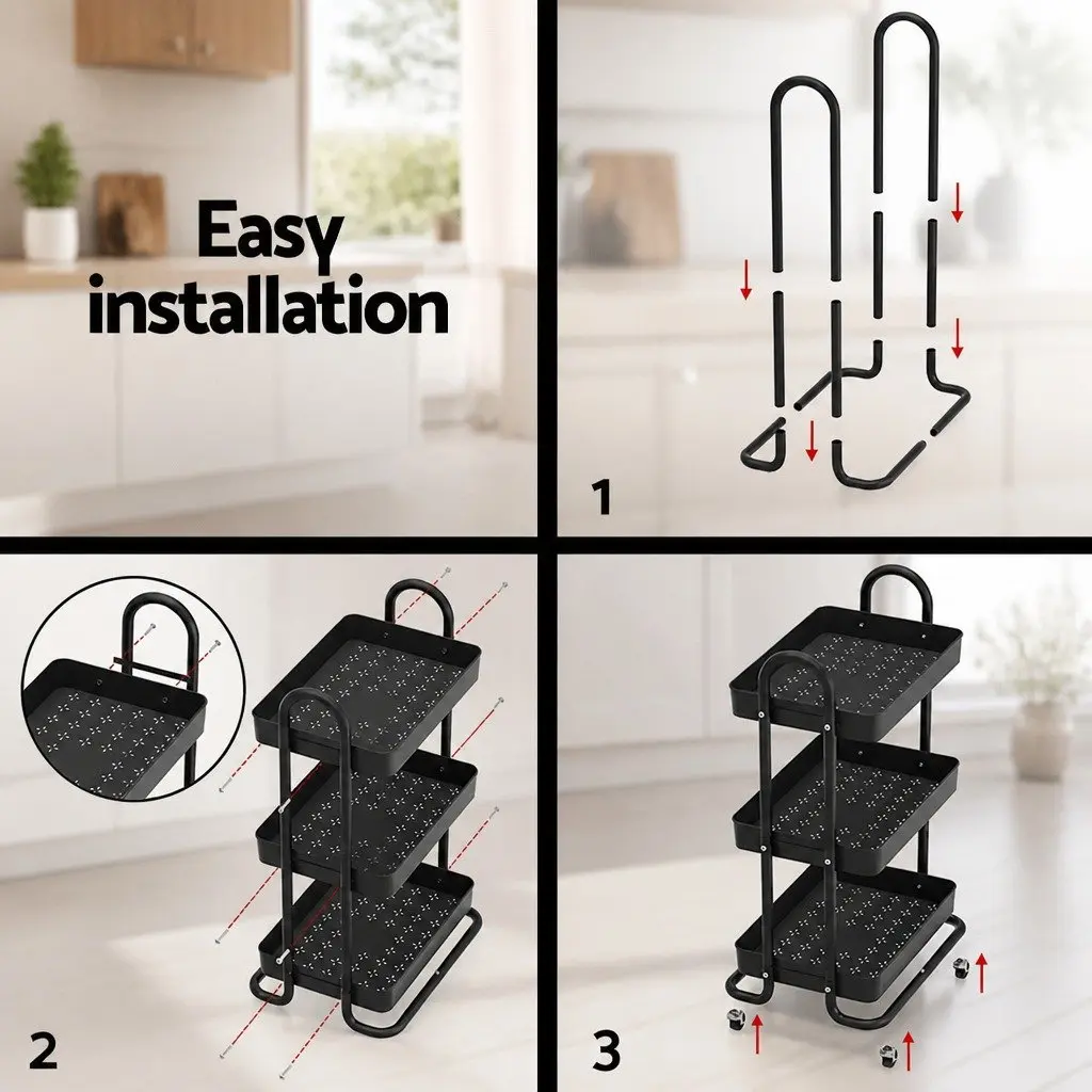 Storage Trolley 3 Tier Kitchen Cart Rack Shelf Organiser with Wheels Black