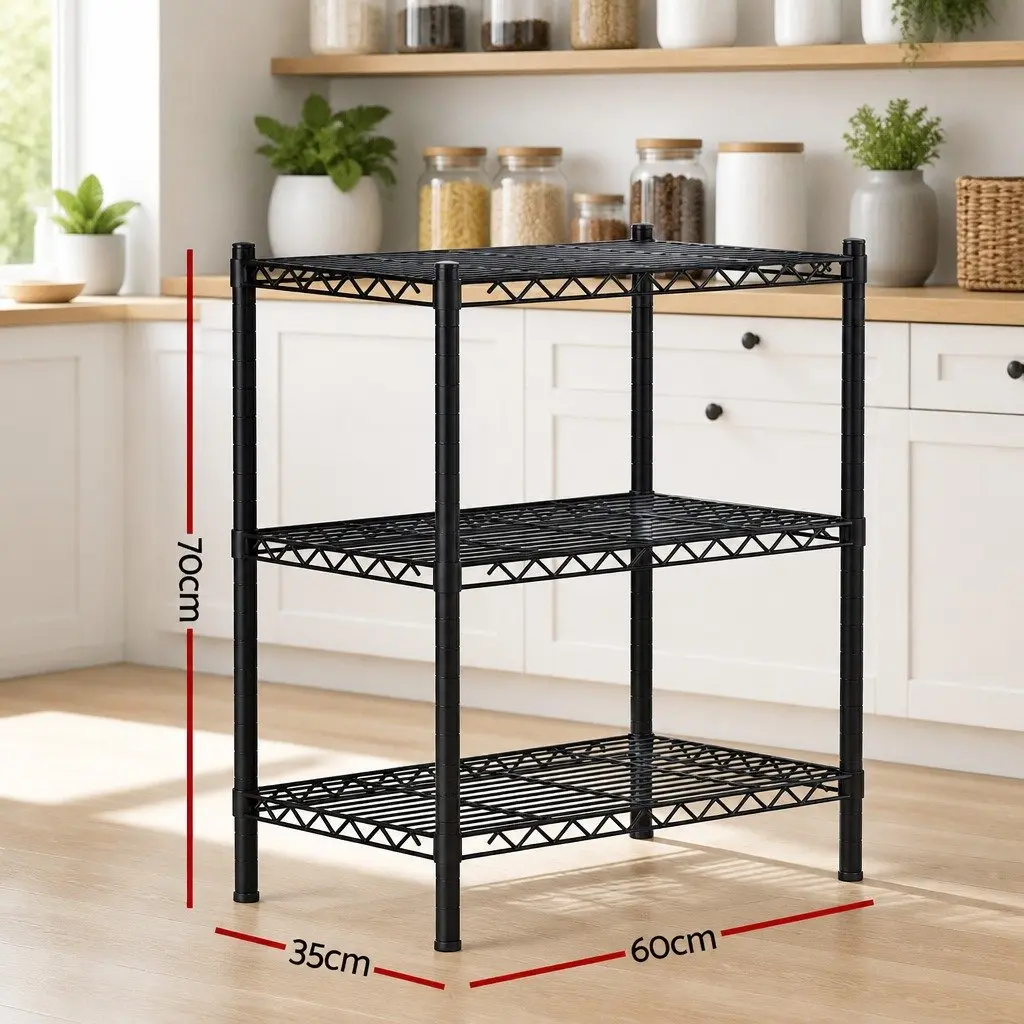 Adjustable 3-Tier Steel Shelving Unit Black Kitchen Garage Storage Rack