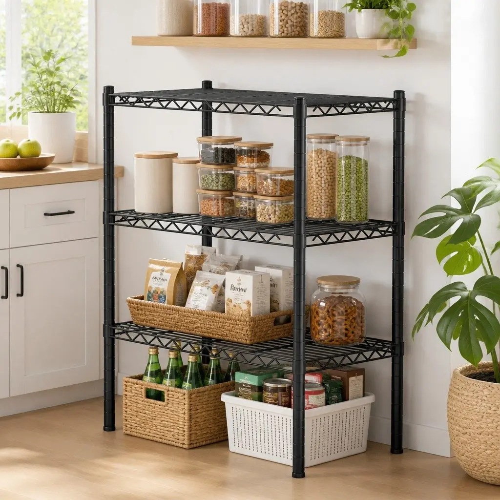 Adjustable 3-Tier Steel Shelving Unit Black Kitchen Garage Storage Rack