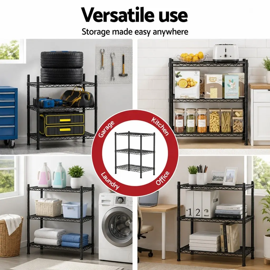 Adjustable 3-Tier Steel Shelving Unit Black Kitchen Garage Storage Rack