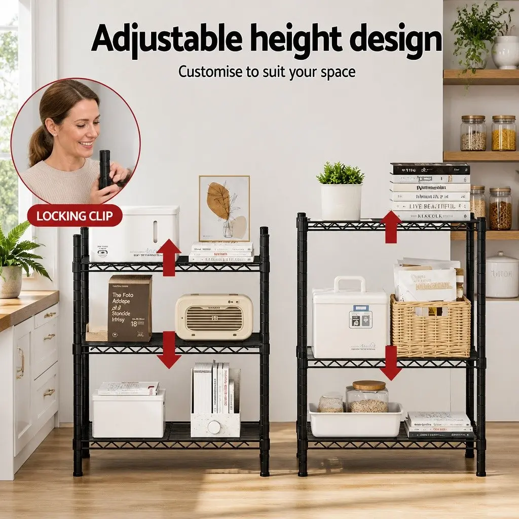 Adjustable 3-Tier Steel Shelving Unit Black Kitchen Garage Storage Rack