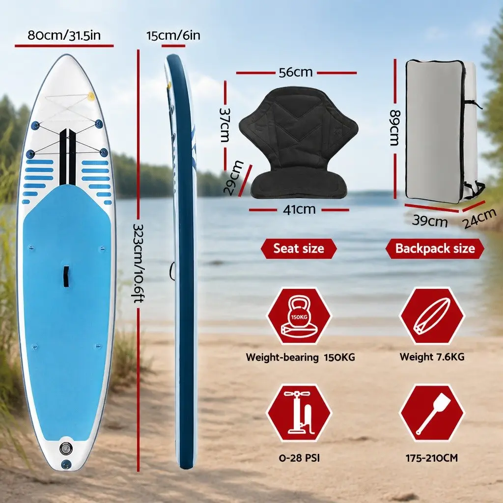Stand Up Paddle Board 10.6ft Inflatable SUP Kayak Surfboard Paddleboard Blue