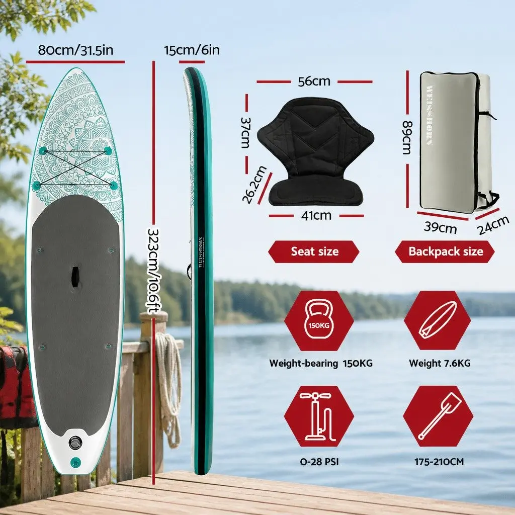 Inflatable Stand Up Paddle Board 10.6ft Green with Kayak Functionality and Adjustable Paddle