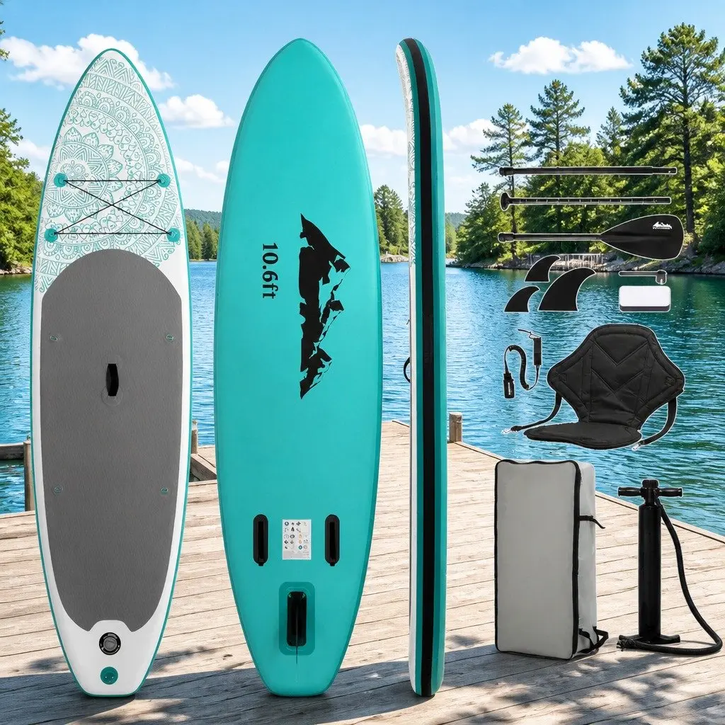 Inflatable Stand Up Paddle Board 10.6ft Green with Kayak Functionality and Adjustable Paddle