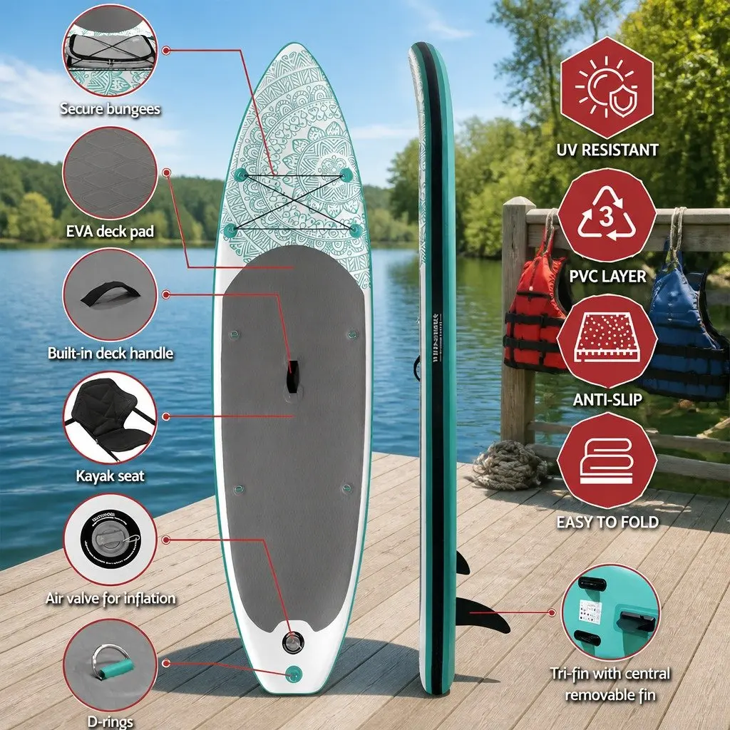 Inflatable Stand Up Paddle Board 10.6ft Green with Kayak Functionality and Adjustable Paddle