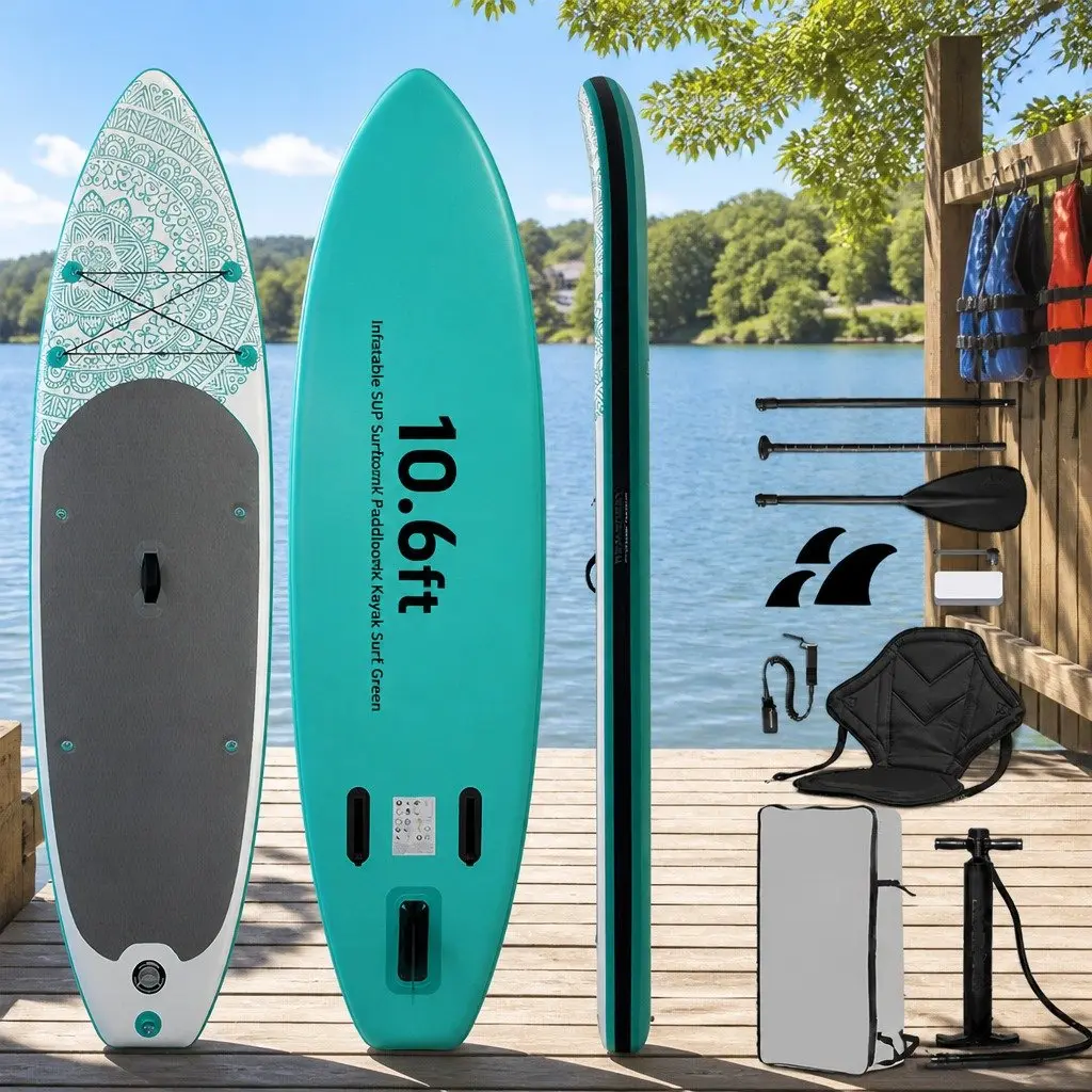 Inflatable Stand Up Paddle Board 10.6ft Green with Kayak Functionality and Adjustable Paddle