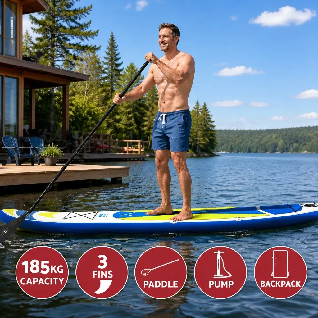 Inflatable Stand Up Paddle Board 11ft Yellow with Adjustable Paddle Kayak Seat