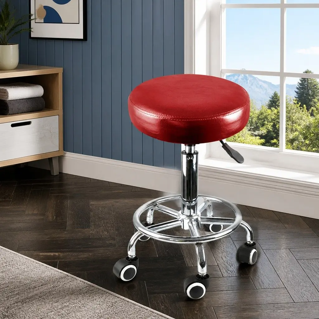 Swivel Salon Stool Height Adjustable Gas Lift Rolling Casters Burgundy 35cm x 35cm x 65cm