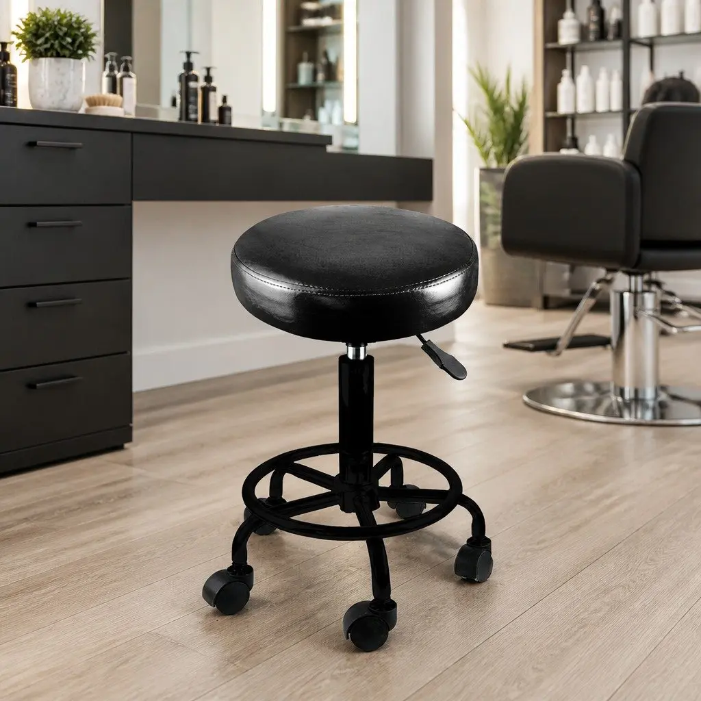 Black PU Leather Salon Stool with Swivel Feature