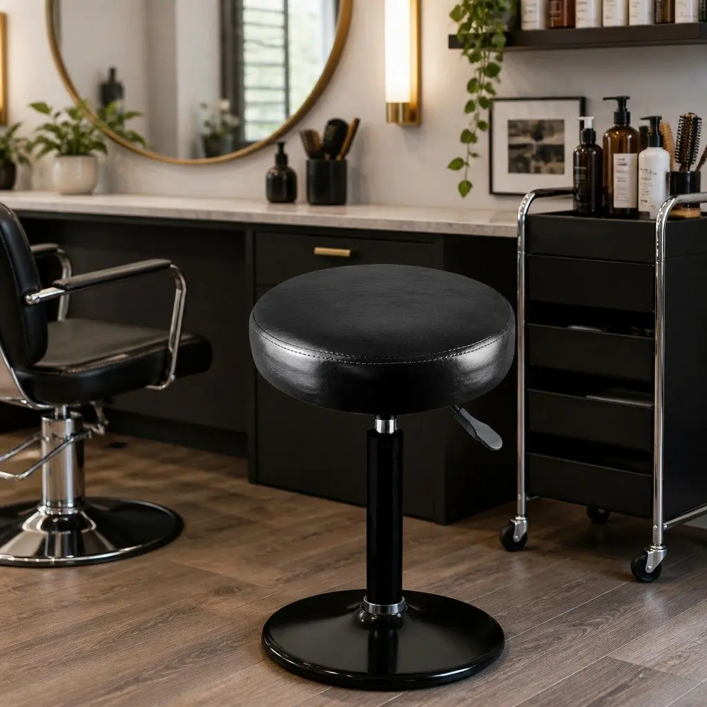 Salon Stool Height Adjustable Black PU Leather Seat with Swivel Function