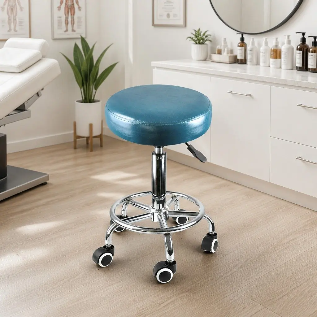 Height Adjustable Salon Stool with 360 Degree Rotation and Teal PU Leather Upholstery
