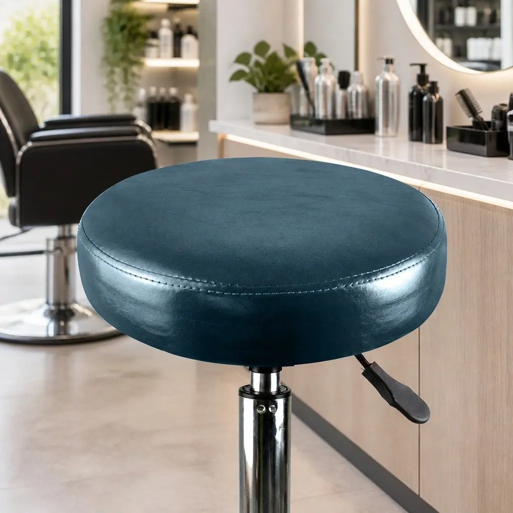 Height Adjustable Salon Stool with 360 Degree Rotation and Teal PU Leather Upholstery