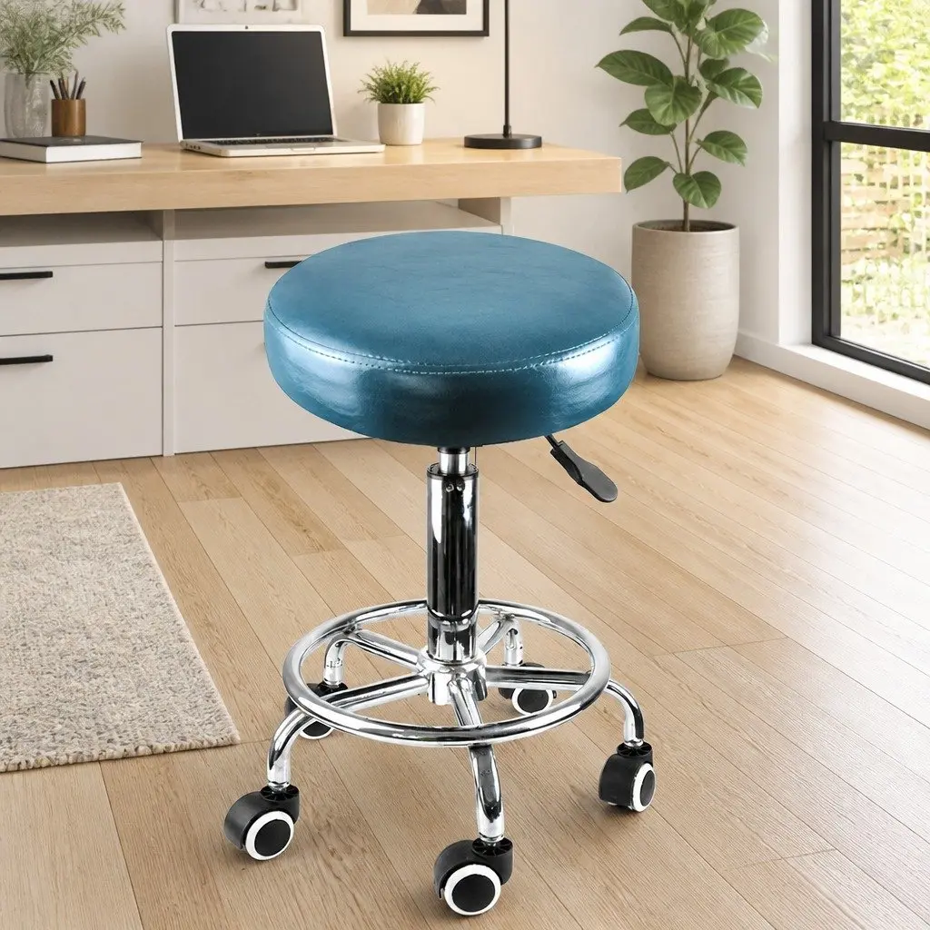 Salon Stool Teal PU Leather Seat Swivel 360 Degree Height Adjustable
