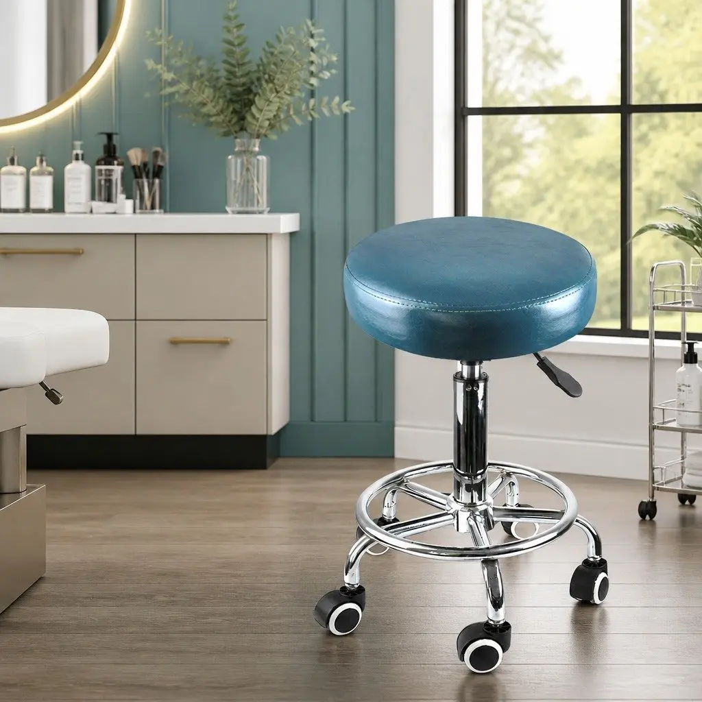 Salon Stool Teal PU Leather Seat Swivel 360 Degree Height Adjustable