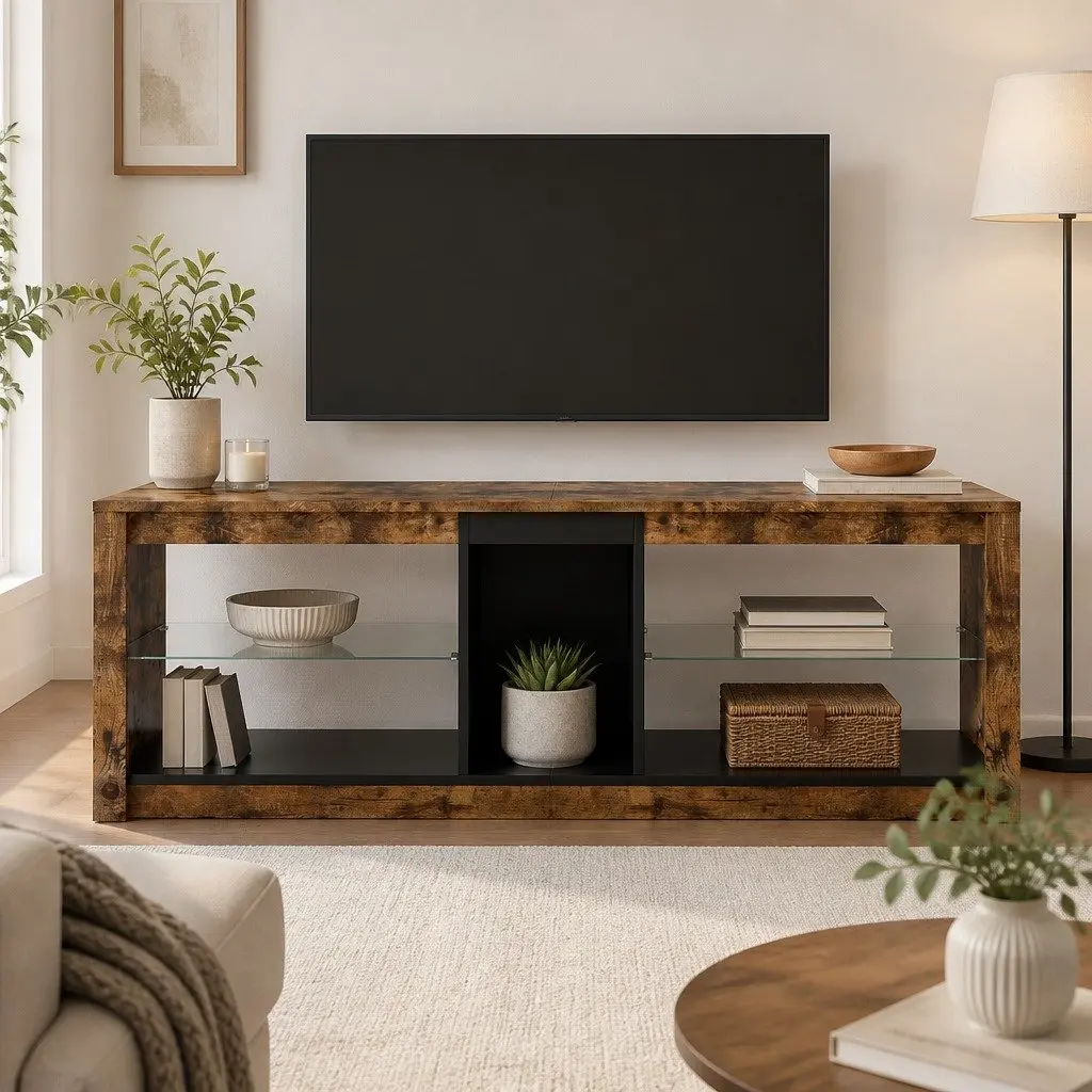 TV Stand Cabinet with Glass Display Shelves Storage Entertainment Unit