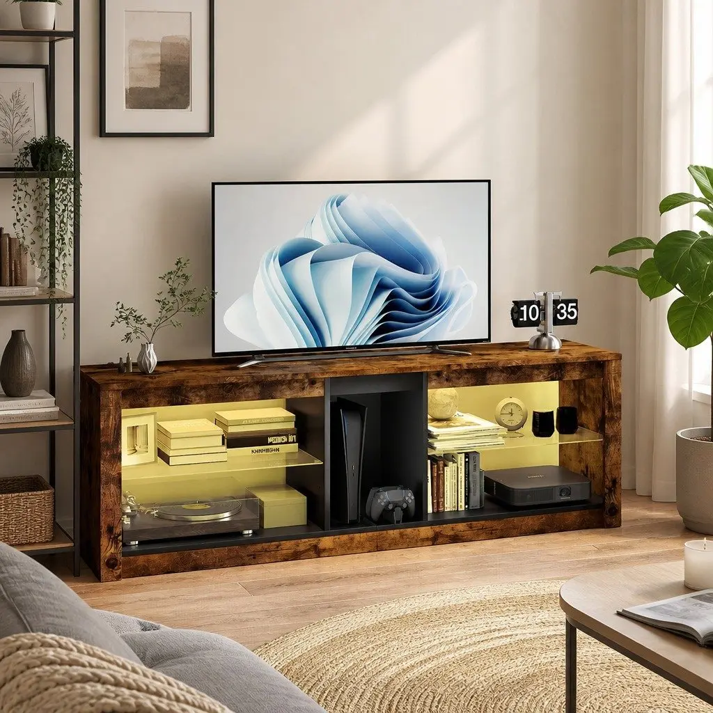 TV Stand Cabinet with Glass Display Shelves Storage Entertainment Unit