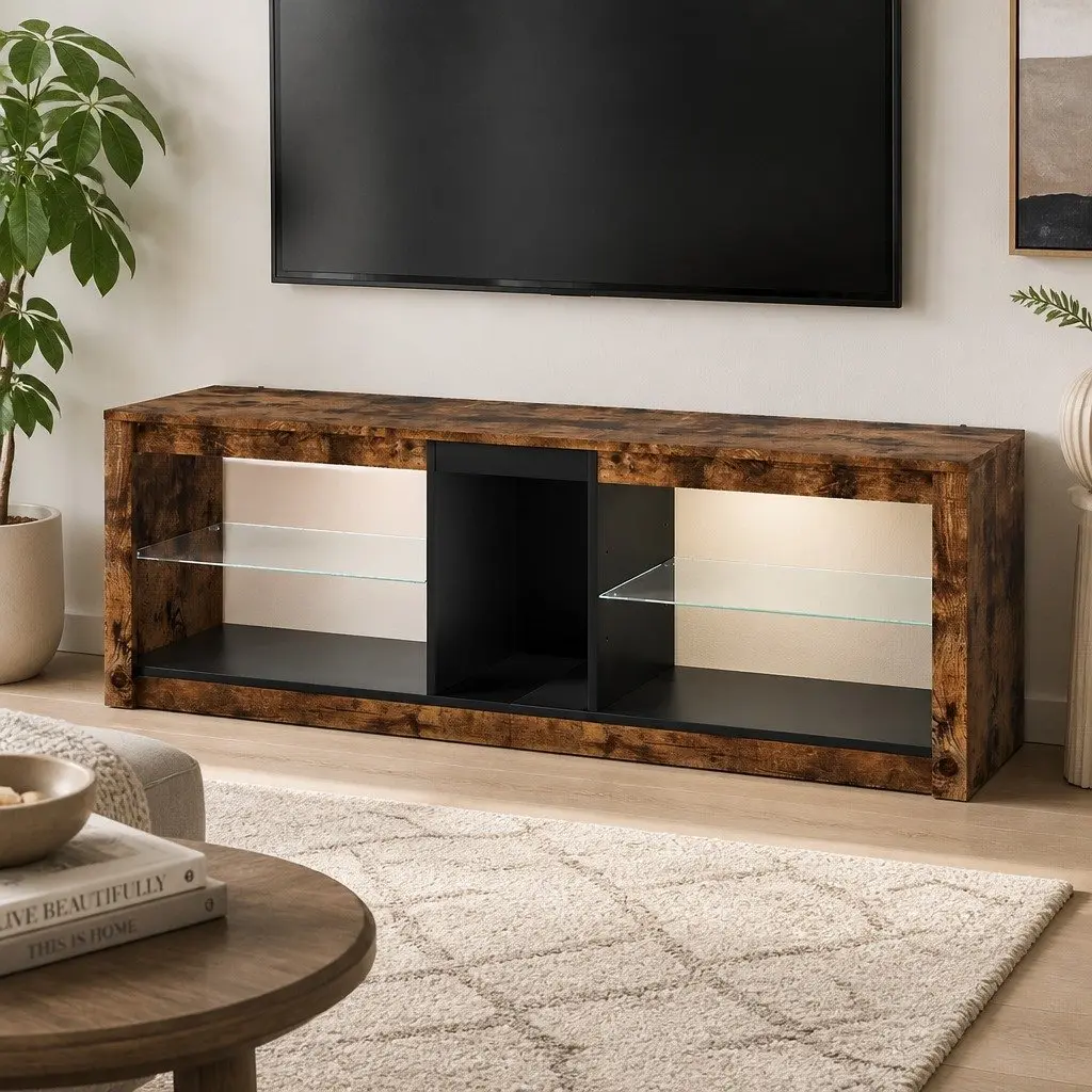 TV Stand Cabinet with Glass Display Shelves Storage Entertainment Unit