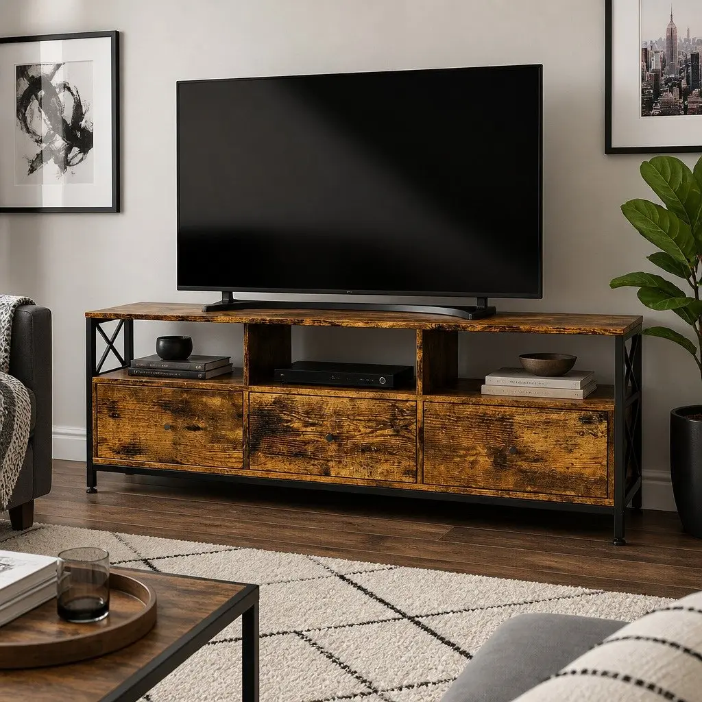 TV Stand Cabinet 147cm Industrial Entertainment Unit Open Shelves Drawers