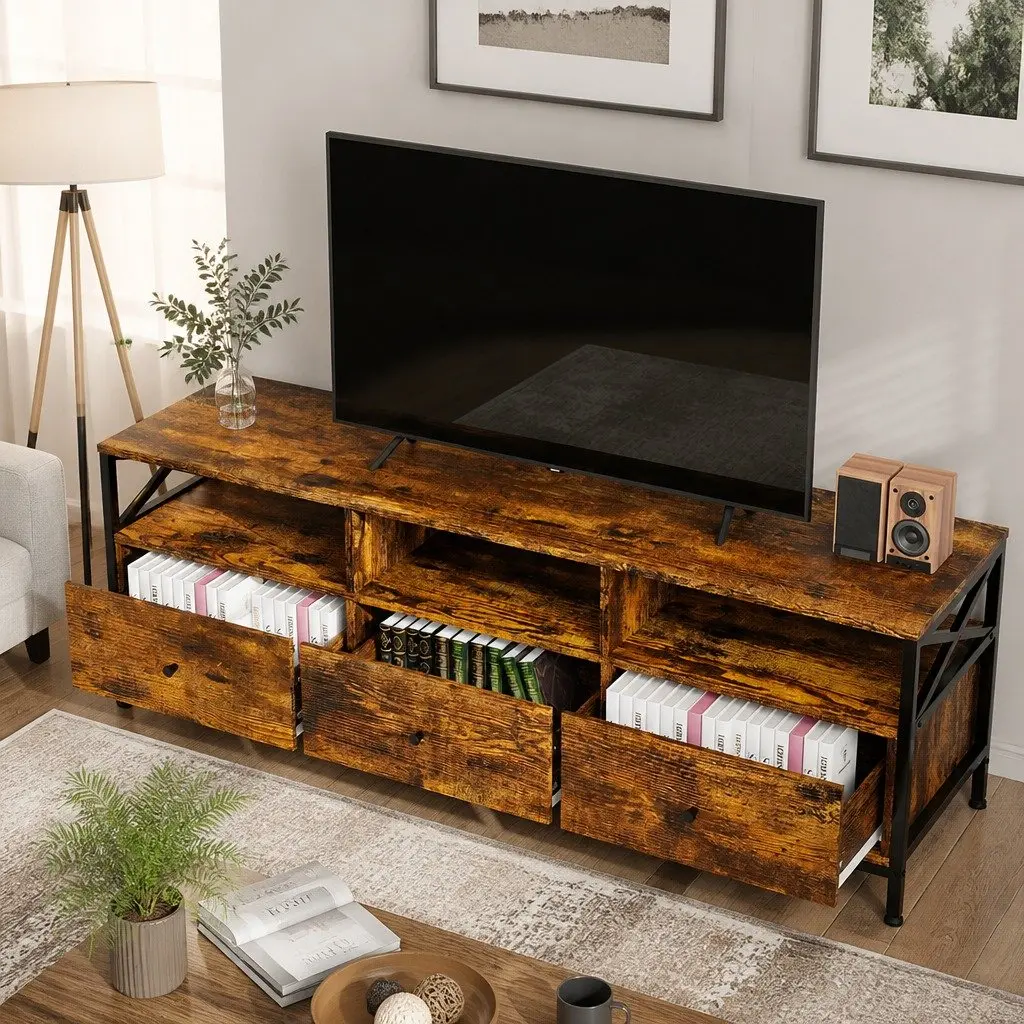TV Stand Cabinet 147cm Industrial Entertainment Unit Open Shelves Drawers