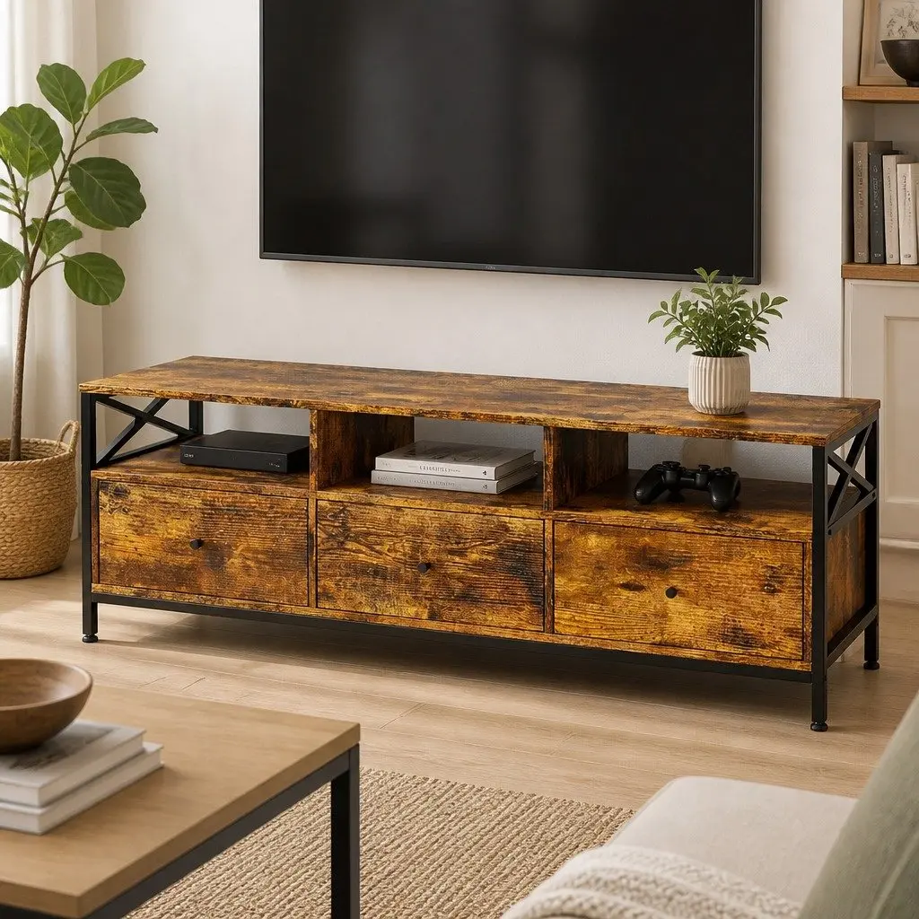 TV Stand Cabinet 147cm Industrial Entertainment Unit Open Shelves Drawers