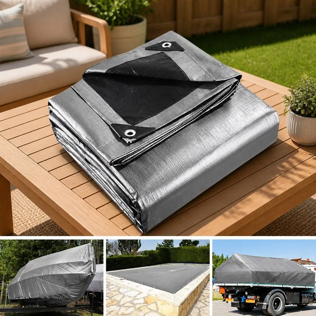 Heavy Duty Waterproof Poly Tarp Silver Black 3.6x6m Outdoor Camping Caravan Cover