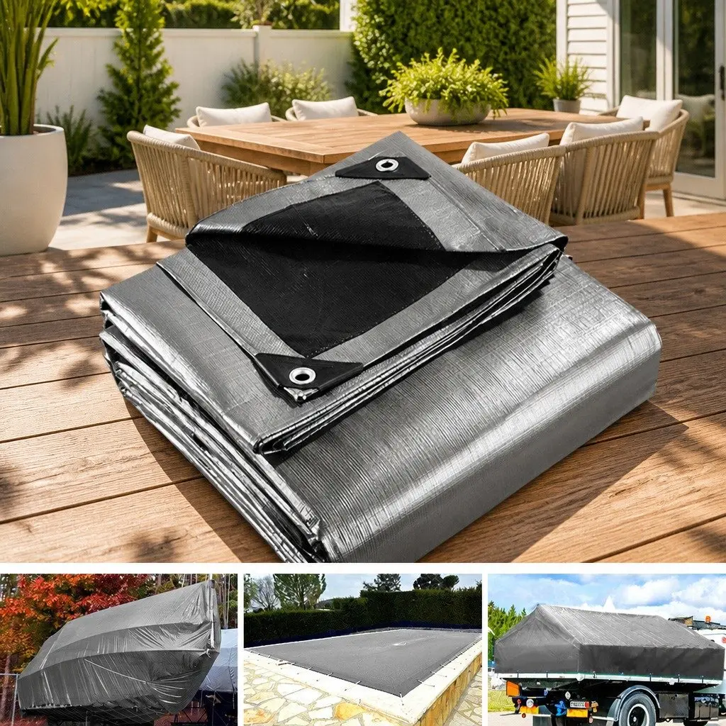 Poly Tarp Heavy Duty Waterproof 3m x 4.5m Black Canvas Sun Shade Cover