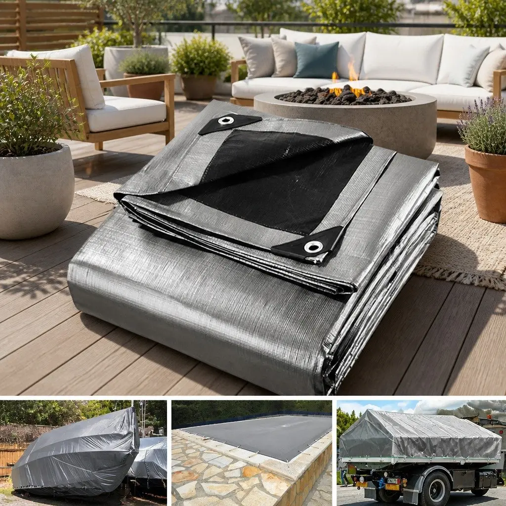 Heavy Duty Poly Tarp 7.3x9m Black Canvas Waterproof Camping Caravan Cover
